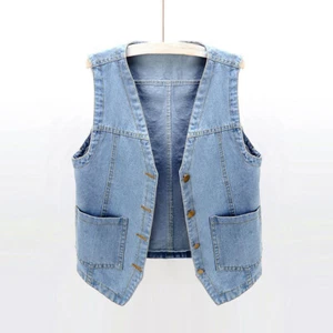 Shirt Waistcoat Women Denim Vest Tops Gilet Pocket Sleeveless Casual Biker - Picture 1 of 7