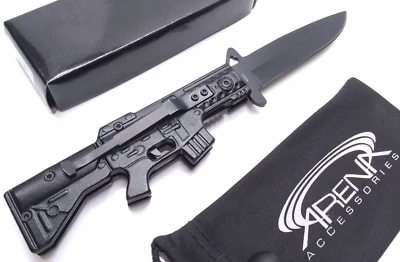 Military Rifle Pocket Knife Gun Style M16 EDC Assist Open Blade Black - Image 1 of 4