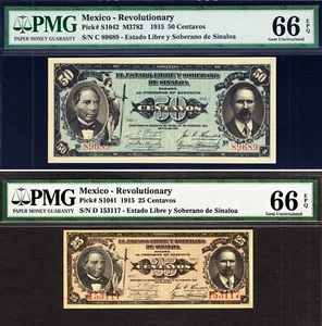 Mexico Revolutionary 25 & 50 Centavos 1915 P-S1041 - S1042 GEM UNC PMG 66 EPQ - Picture 1 of 2