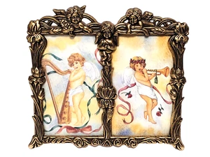 Antiqued Gold Tone Double Photo Frame Angels / Cherubs & Floral  5.5”x 5” - Picture 1 of 10
