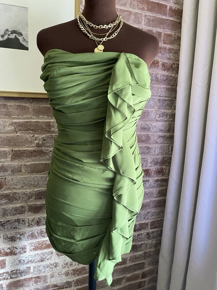 Mini Vestido de Fiesta Guess Verde Sin Tirantes Cortina Plisado Gasa Cóctel Talla 6 Foto 1 de 4