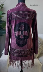 New VOCAL Womens CRYSTAL STUDDED BURGUNDY SKULL AZTEC CARDIGAN FRINGE S M USA - Picture 1 of 7