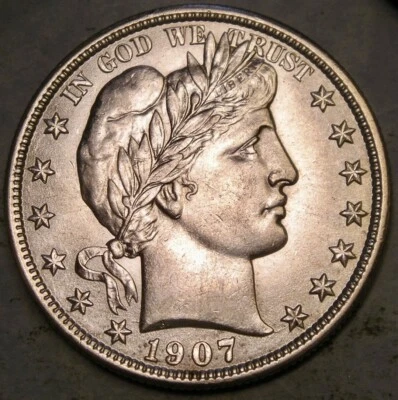 Medio dólar de plata cabeza de barbero libertad 1907 D con corona lema plumas muy nítidas Foto 1 de 2