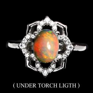 AAA FULL FLASH RAINBOW FIRE OPAL RING W/WHITE CZ 925 STERLING SILVER 14KWGP SZ 8 - Picture 1 of 3