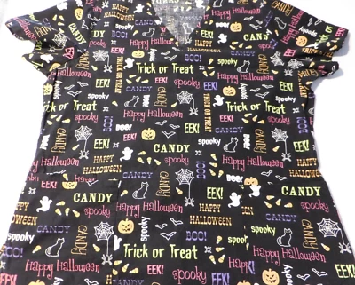 Scrub Top Women's Large Short Sleeve Halloween V Neck Medical Nurse XL - Image 1 of 4