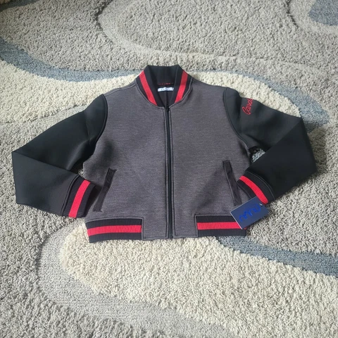 NUYU Ladies Stanford Cardinals Cropped Varsity Jacket Size Medium Charcoal Grey Cover