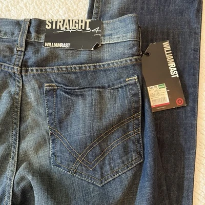 Jeans reto masculino William Rast novo com etiquetas tamanho 34x34 (36x34) "óleo azul" desgastado - Imagem 1 de 4