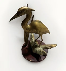 Vintage Brass Metal Sculpture Figurine Egret Heron & Reeds Crane Wood Base 16” - Bild 1 von 10