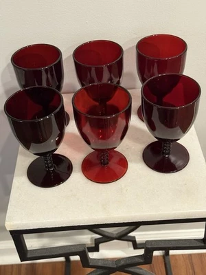Set 6 Anchor Hocking Royal Ruby Red Glass Monarch Ball Stem Water/Wine Goblets - Image 1 of 4