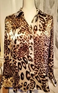 Chico's braun schwarz beige Leopardenhemd Knopfleiste Bluse Damen Gr. 2 Large seidig - Bild 1 von 3