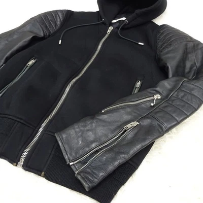 Auth GIVENCHY Hoodie Jacket Black Lambskin Leather Sleeves Size 44 Italy - Image 1 of 4