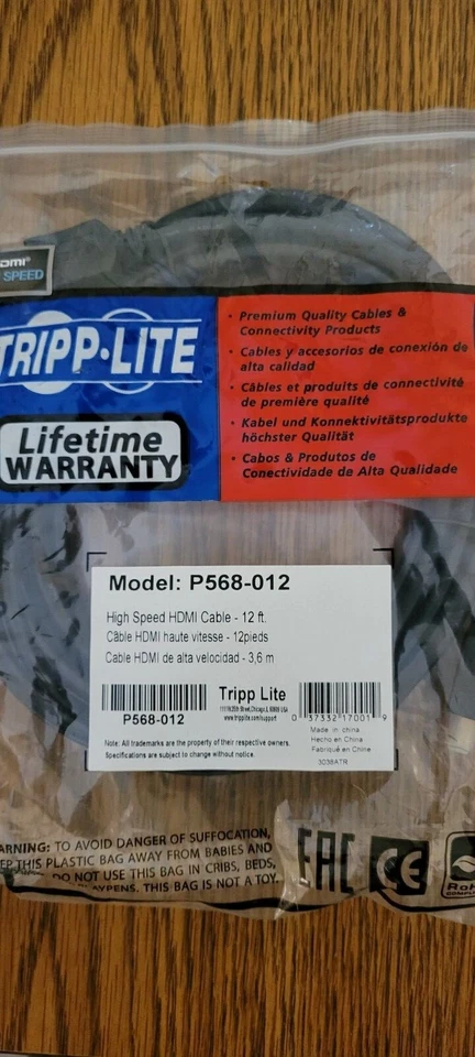Nuevo cable HDMI de alta velocidad Tripp Lite P568-012 12 pies Foto 1 de 1