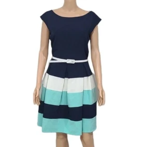 Tiana B Fit and Flare Dress Blue/ White & green Striped Sz 12 Belted Sleeveless - Picture 1 of 11