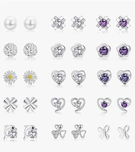 Juego de 15 pares de aretes enchapados en plata de ley 925 circonita cúbica pendiente guisante - Imagen 1 de 5