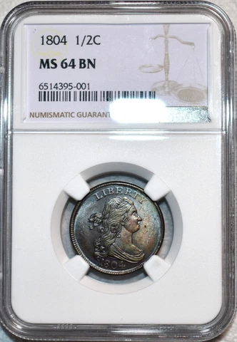 NGC MS-64 BN 1804 Draped Bust Half Cent, Beautiful, Richly Toned & Nearly Gem Cover