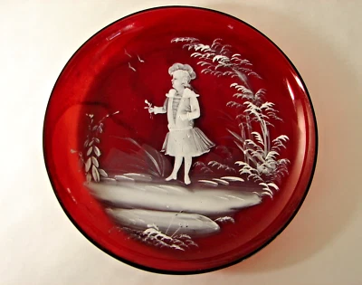 Hand Painted Enamel Mary Gregory Victorian-Era Child Flash Ruby Red Glass Plate - Image 1 of 4