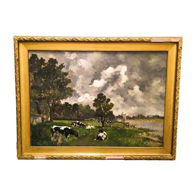 Bäuerliches Ölgemälde Bäuerin mit Kühen auf der Wiese an einem Fluß - Bild 1 von 3