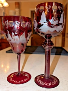 Egermann Ruby Red Cut to Clear Czech Bohemian Etched Liqueur Glass / Goblets - Picture 1 of 4