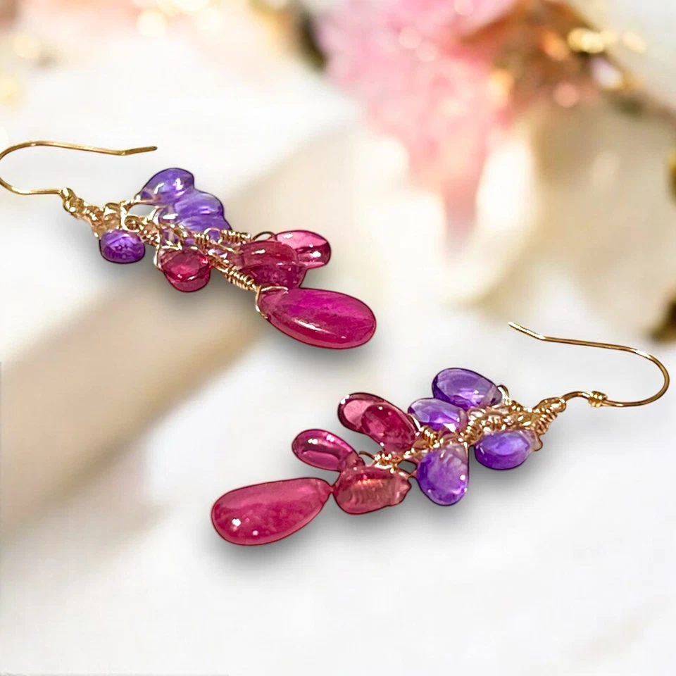 Pendientes Amatista Natural Rubelita y Zafiro Rosa Oro Rosa Sólido 18K 750 Foto 1 de 4