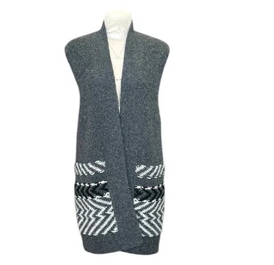 White + Warren Soft Alpaca Jacquard Vest Charcoal Multi Longline Open Front L - Image 1 of 4