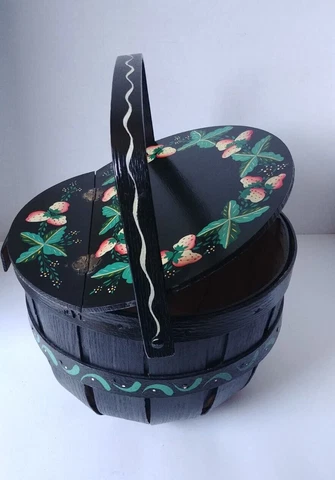 Rare Peterboro Basket Co. Tole Painted Handled Basket Hinged Wood Lid Cover