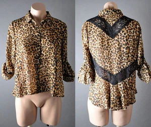 Damen braun Leopard Spitze Langarm Chiffon Button Down Shirt Bluse Top S M L - Bild 1 von 8