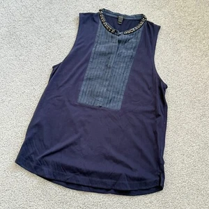 / J. Crew Bejeweled Collar Navy Tuxedo Bib Sleeveless Top Cotton Silk SMALL - Picture 1 of 6