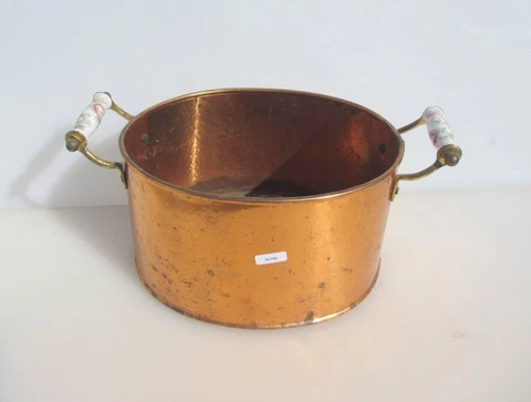 Vintage Copper Trough Tub Planter Plant Pot Old Urn Brass Ceramic Handles Retro Cover