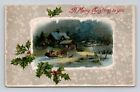 Postcard A Merry Christmas To You  Holly Embossed Holly Sleigh Horses Dog