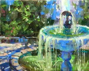 Summer Garden Fountain original oil on canvas landscape impressionism art. 8x10 - Picture 1 of 5