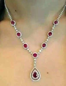 30Ct Pear Cut Lab Created Ruby &DiamondTennis Necklace 14k White Gold Plated 18" - Picture 1 of 4