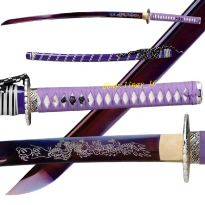 Espada samurai japonesa Katana roxa afiada lâmina de aço carbono alto comprimento total - Imagem 1 de 4