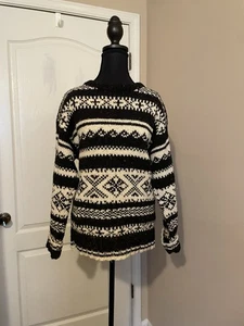 Joseph Abboud Chunky Knit Fair Isle Crewneck Sweater Black Cream Size S Wool - Picture 1 of 11