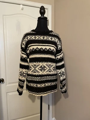 Joseph Abboud Chunky Knit Fair Isle Crewneck Sweater Black Cream Size S Wool - Image 1 of 4