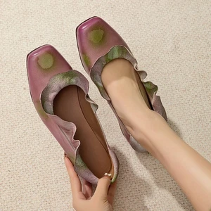Zapatos para mujer con dedos cuadrados de cuero con borde con volantes cómodos retro informales boca poco profunda - Imagen 1 de 19