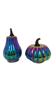 Set 2 pezzi zucche in vetro arcobaleno gotico iridescente Halloween - Foto 1 di 5