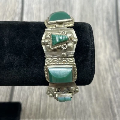 VTG  Mexican Silver Green Onyx Stone Aztec Mayan Bracelet Hinged Cuff Clasp - Image 1 of 4