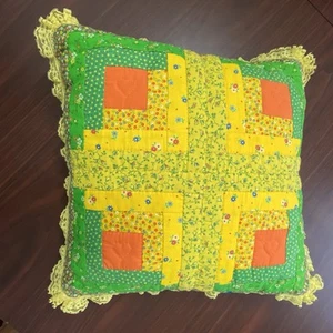 Vintage Handmade Quilted Patchwork Throw Pillow Multicolor 14” x 14” Retro - Picture 1 of 6