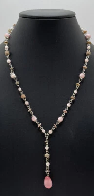NY Pink & Wooden? Beaded Teardrop Dangle Necklace 15" Fashion Jewelry - Image 1 of 2