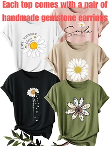 Floral Daisy Quote Theme Pretty Spring Summer Multicolour T-shirt Women Tops - Picture 1 of 8