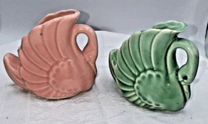 Vintage Pair GREEN/PINK SWAN PLANTERS, FAPCO Fredericksburg Art Pottery 1950 - Picture 1 of 10