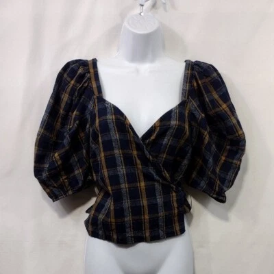 Madewell Plaid Sweetheart Wrap Top Women's S Blue Orange Boho Retro 90s Y2K - Image 1 of 4
