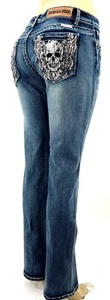 PLATINUM PLUSH LADIES SKULL RHINESTONE DENIM BOOT CUT JEANS STYLE #4051 - Picture 1 of 7