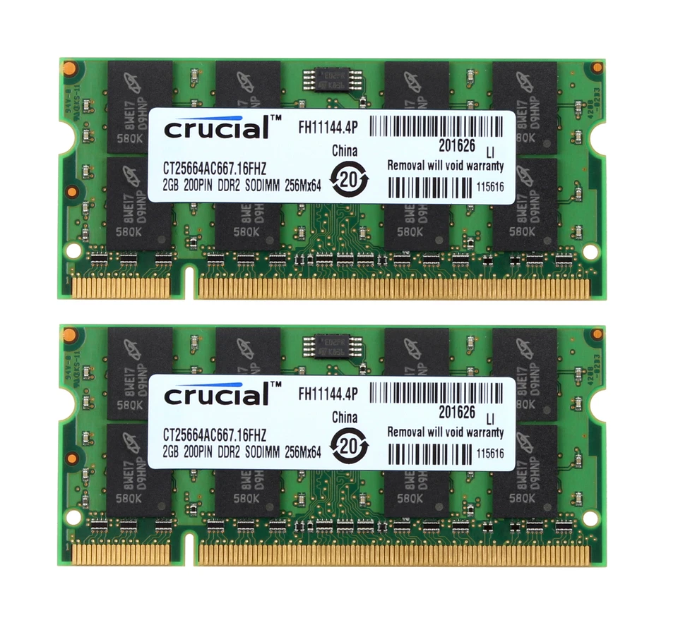 Crucial 4GB 2X 2GB PC2-5300S DDR2 667Mhz 200Pin 1.8V SODIMM Laptop Memory RAM - Image 1 of 4