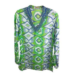 Bella Tu Women's Rhinestones Beaded Tunic Top Green Blue Floral Print V-Neck XS - Picture 1 of 14