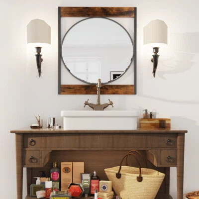 Retro Unique Wooden Bathroom Vanity Mirror Accent Mirror w/ Rustproof Iron Frame - Image 1 of 4