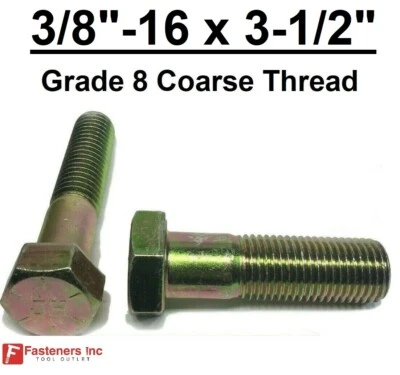 FASTENERS INC. 3/8-16 x 3-1/2" (PT) Hex Bolt Yellow Zinc Plated Grade 8 Cap Screw Coarse Thread
