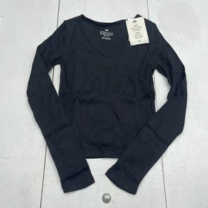 H&M Black Ribbed V Neck Long Sleeve T Shirt Youth Girls Size 12/14 - Picture 1 of 7