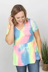 NWT MICHELLE MAE Tie Dye Ruffle Baby Doll Short Sleeve V-Neck Top Size M - Picture 1 of 8