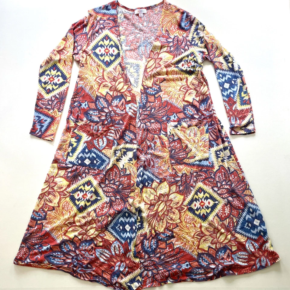 Lularoe Womens Cardigan Medium Sarah Linen Cover-Up Shawl Aztec Flower Boho - Image 1 of 4